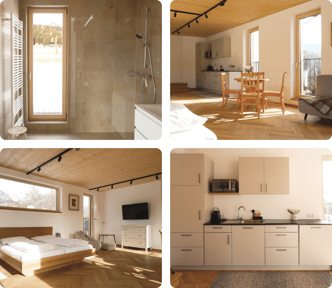 Apartment Collage mit Küche, Wohnraum und Bad – Haus Gerti