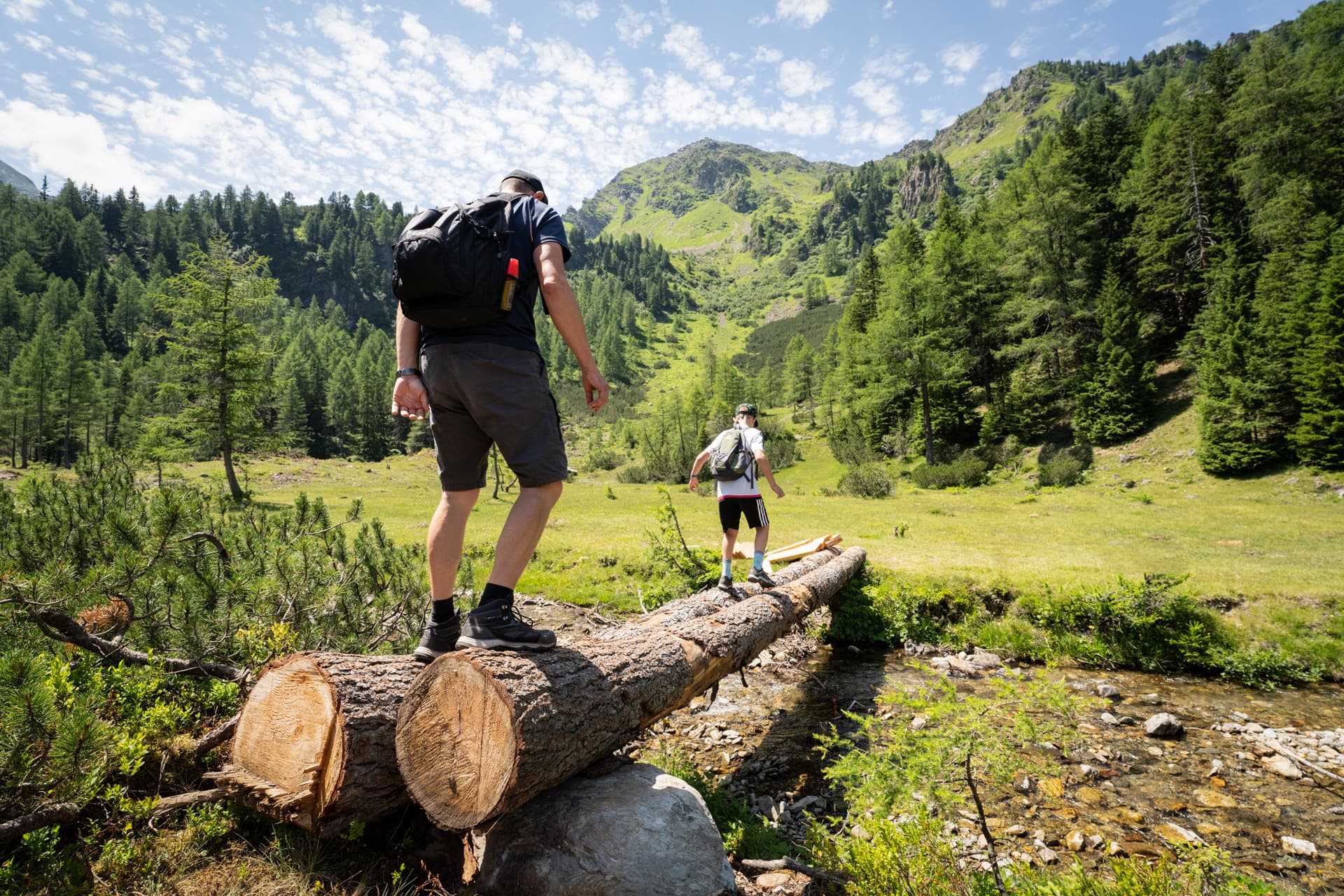 Bergwanderer auf Baumstamm mit Alpenpanorama