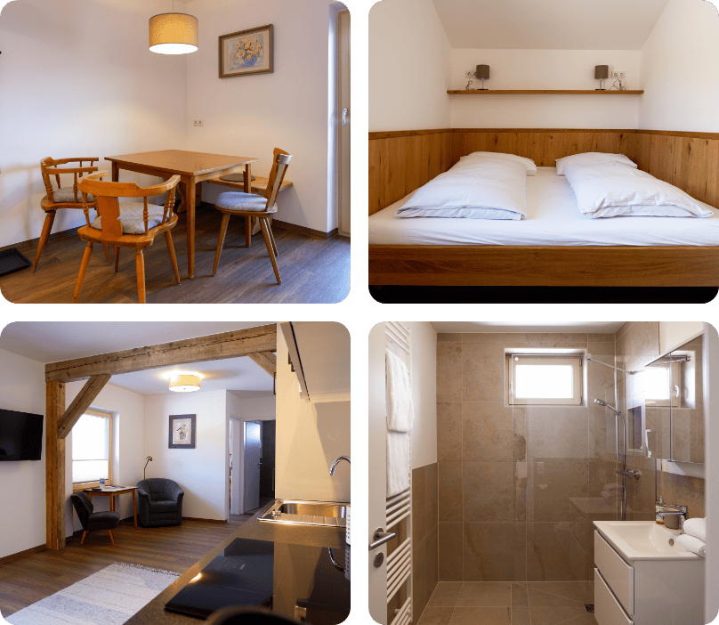 Ferienwohnung Essbereich mit Holzmöbeln – Haus Gerti